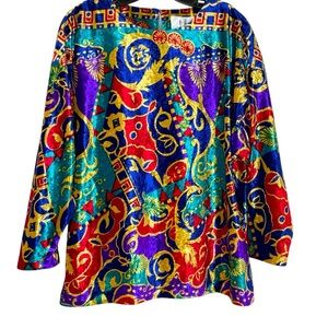 VTG Together Velvet Multicolored Mardi Gras Oversized 3/4 Sleeve Blouse Sz. XL.
